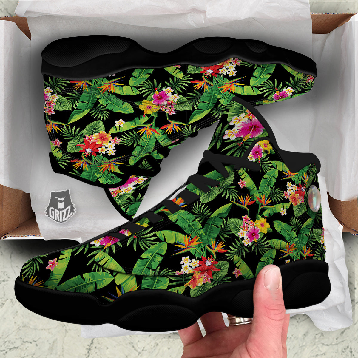 Hawaiian Flower And Tropical Leaf Print Pattern Black Basketball Shoes-grizzshop