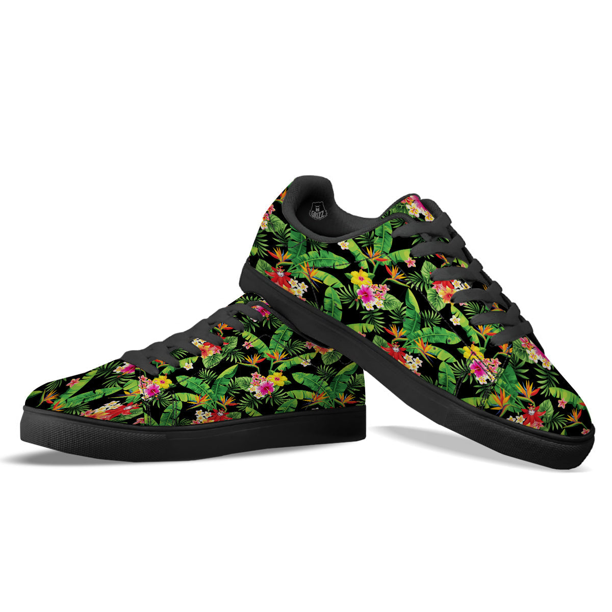 Hawaiian Flower And Tropical Leaf Print Pattern Black Low Top Sneakers-grizzshop