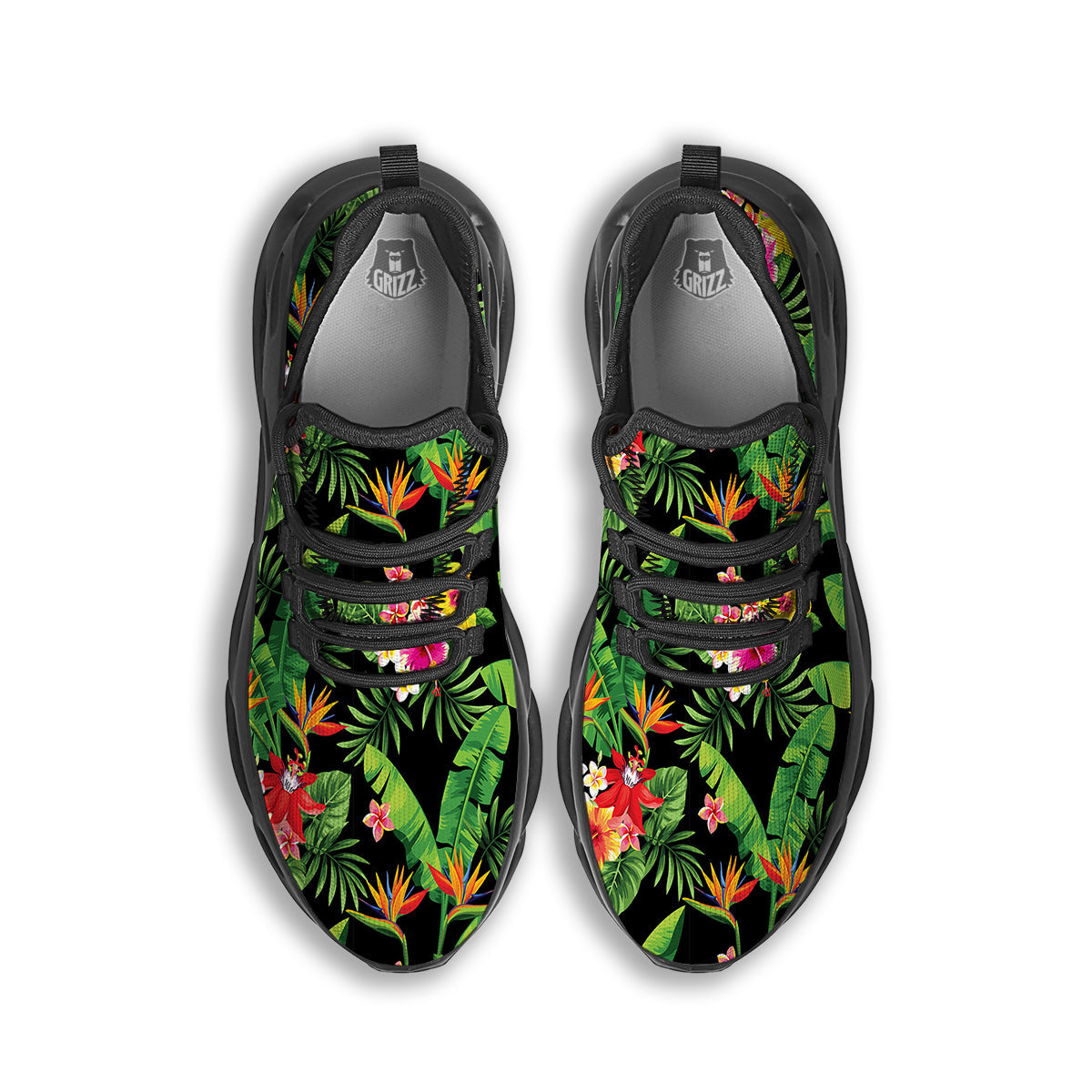 Hawaiian Flower And Tropical Leaf Print Pattern Black Running Shoes-grizzshop