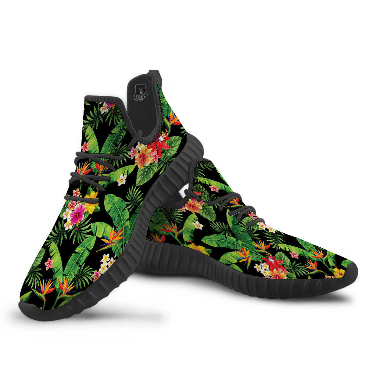 Hawaiian Flower And Tropical Leaf Print Pattern Black Walking Shoes-grizzshop