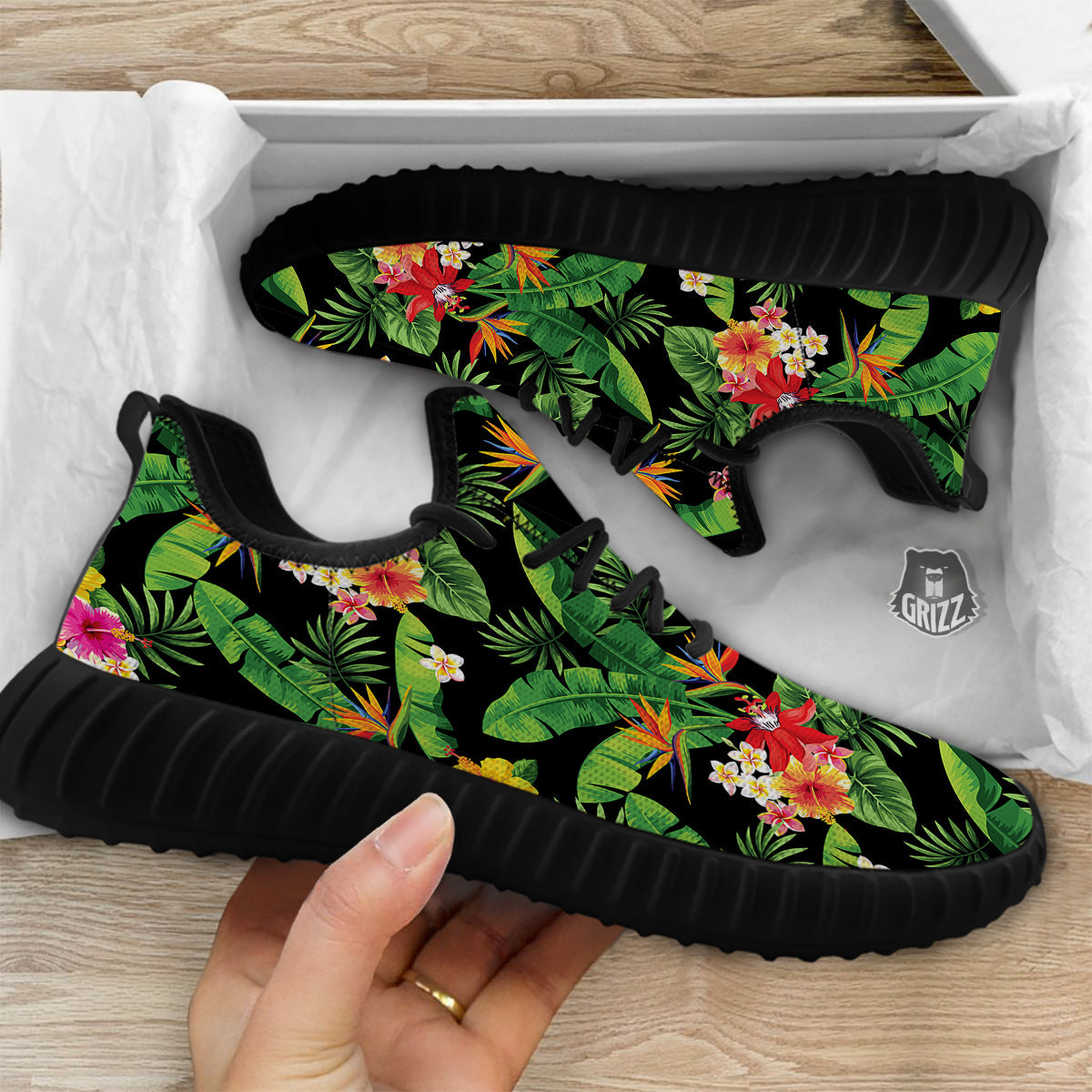 Hawaiian Flower And Tropical Leaf Print Pattern Black Walking Shoes-grizzshop