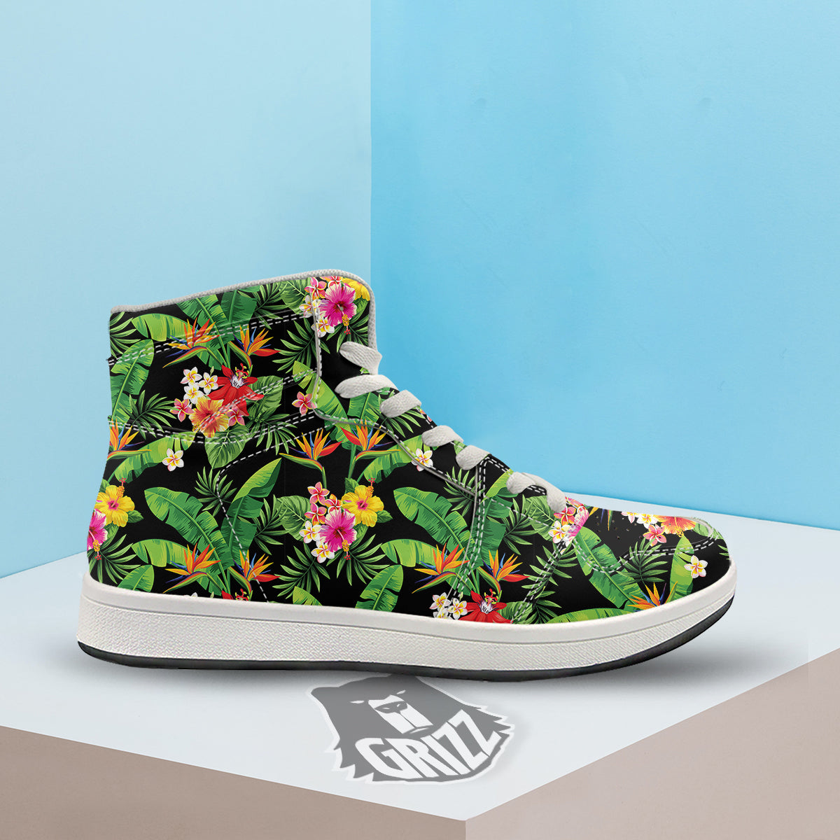 Hawaiian Flower And Tropical Leaf Print Pattern High Top Sneakers-grizzshop