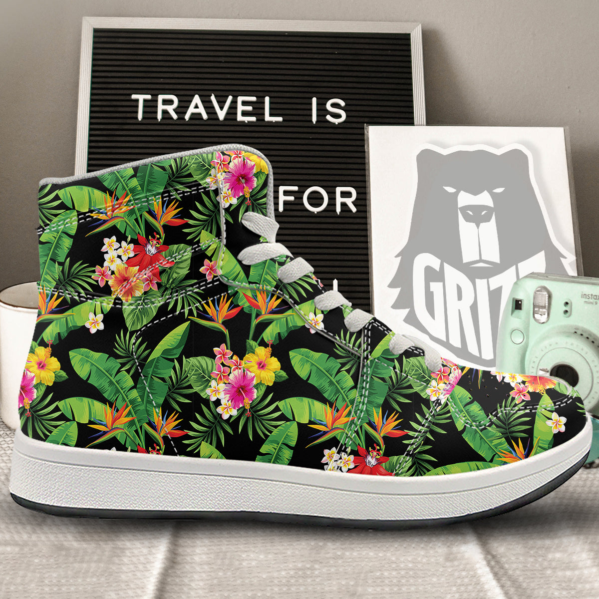 Hawaiian Flower And Tropical Leaf Print Pattern High Top Sneakers-grizzshop