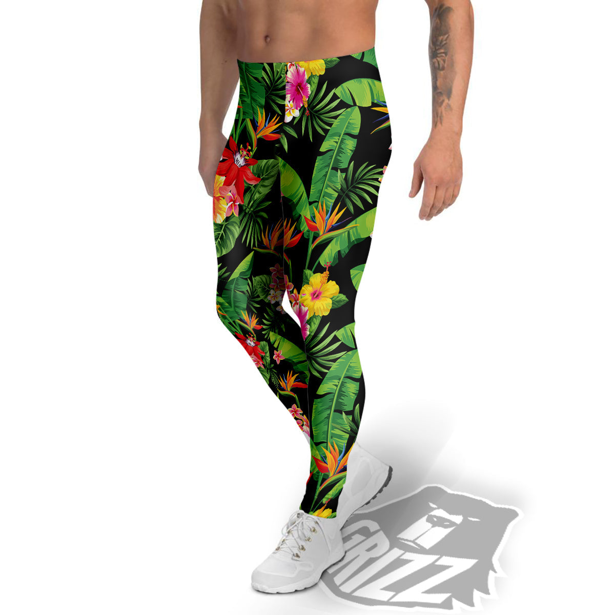 Hawaiian Flower And Tropical Leaf Print Pattern Men's Leggings-grizzshop