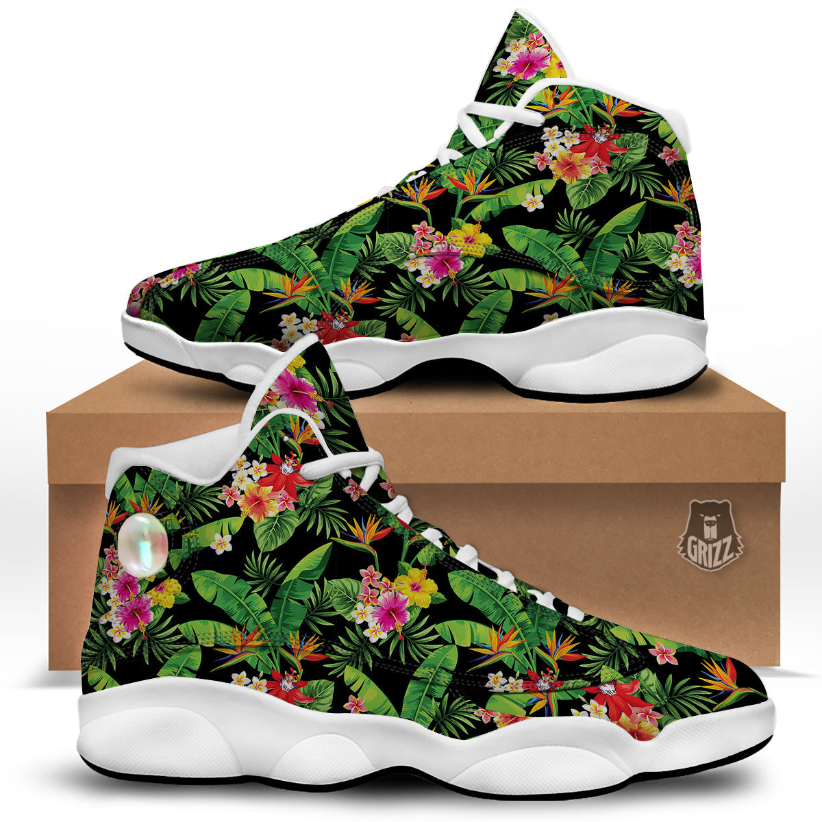 Hawaiian Flower And Tropical Leaf Print Pattern White Basketball Shoes-grizzshop
