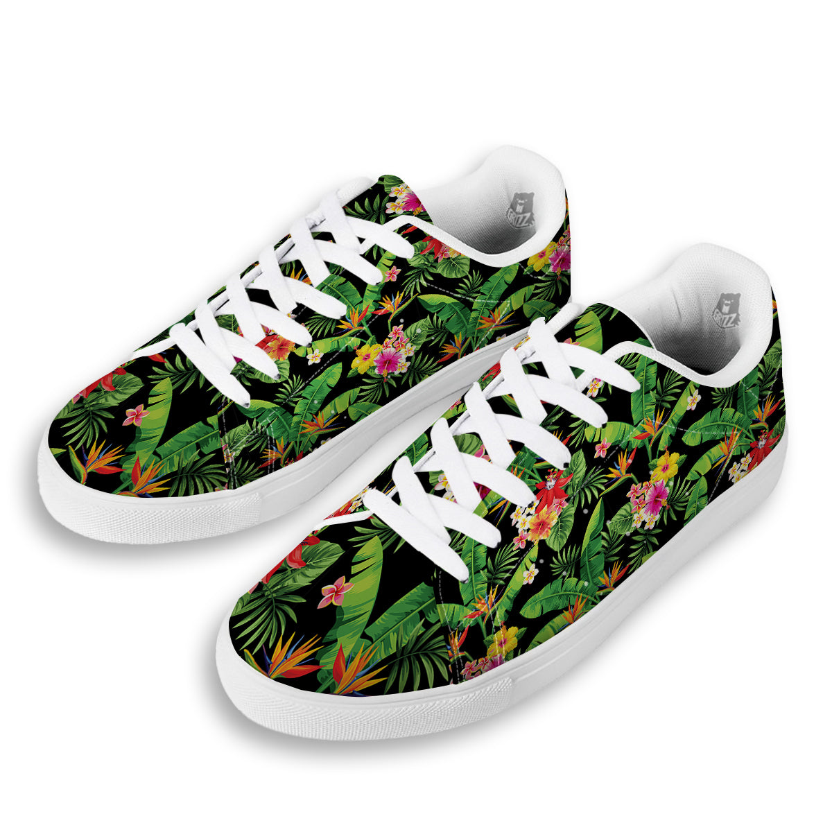 Hawaiian Flower And Tropical Leaf Print Pattern White Low Top Sneakers-grizzshop
