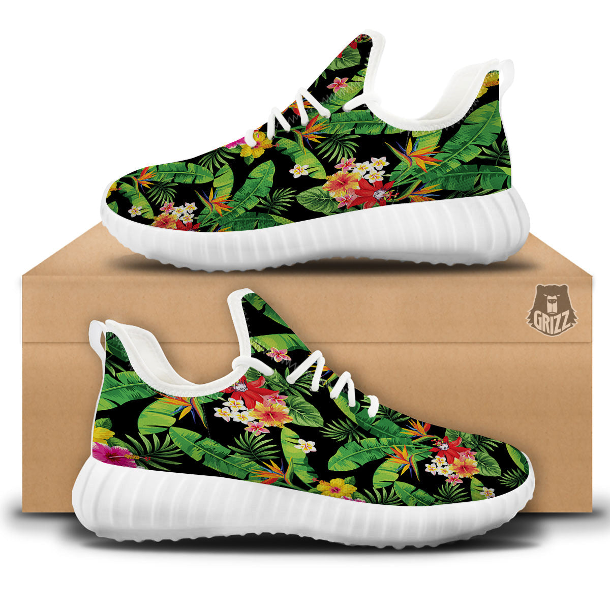 Hawaiian Flower And Tropical Leaf Print Pattern White Walking Shoes-grizzshop