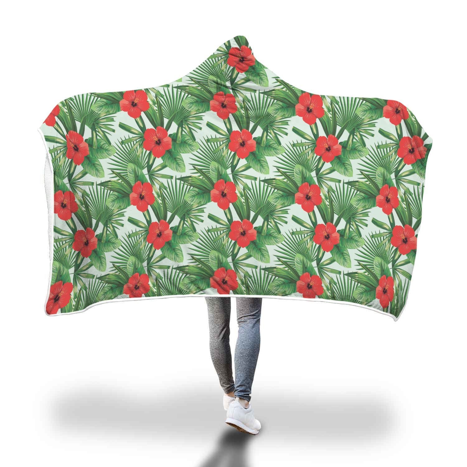 Hawaiian Hibiscus Floral Tropical Flower Palm Leaves Pattern Print Hooded Blanket-grizzshop