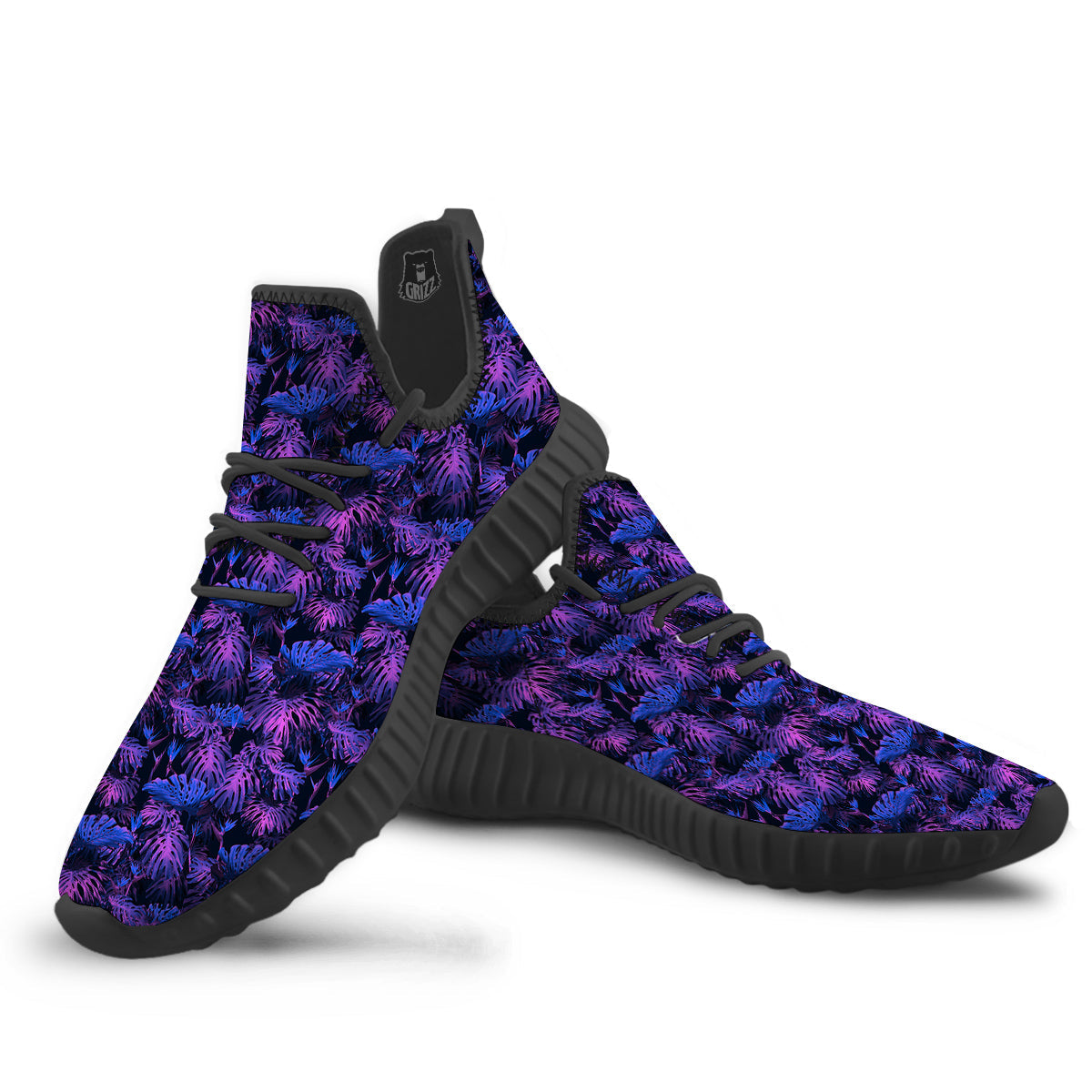 Hawaiian Tropical Dark Purple Print Pattern Black Walking Shoes-grizzshop