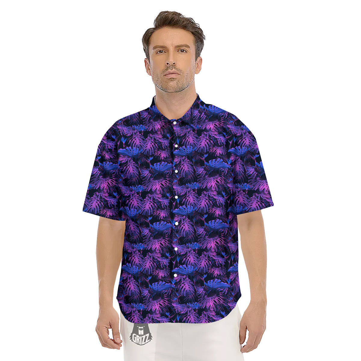 Hawaiian Tropical Dark Purple Print Pattern Men's Short Sleeve Shirts-grizzshop