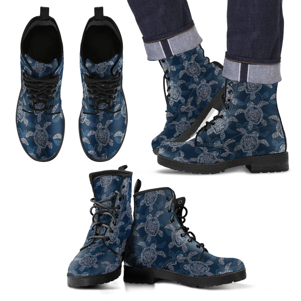Hawaiian Blue Sea Turtle Pattern Print Men Women Leather Boots-grizzshop