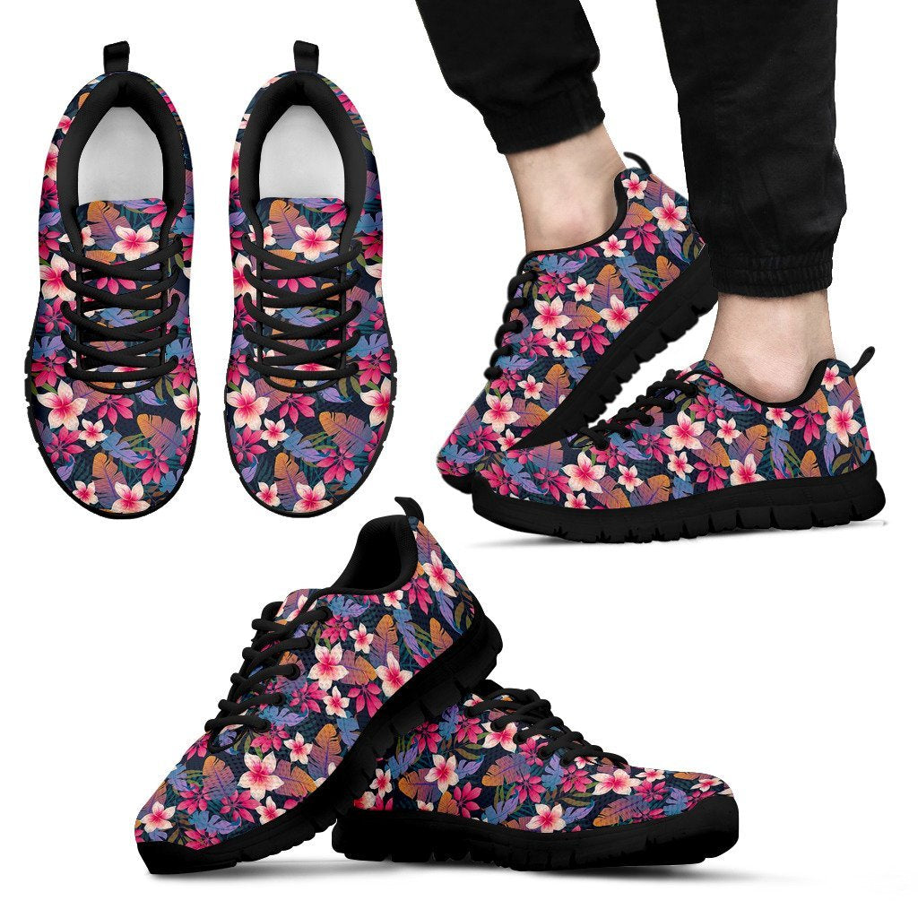 Hawaiian Floral Tropical Flower Hibiscus Palm Leaves Pattern Print Black Sneaker Shoes For Men Women-grizzshop