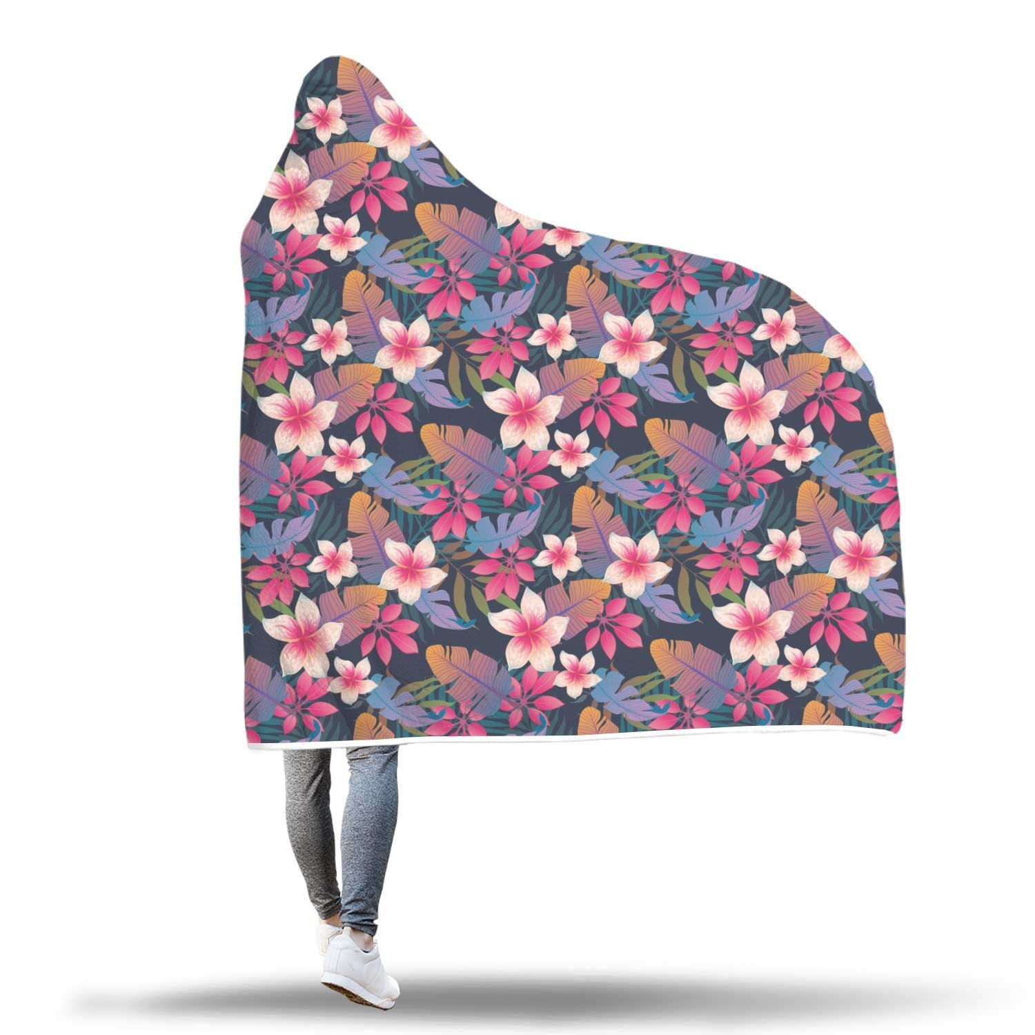 Hawaiian Floral Tropical Flower Hibiscus Palm Leaves Pattern Print Hooded Blanket-grizzshop