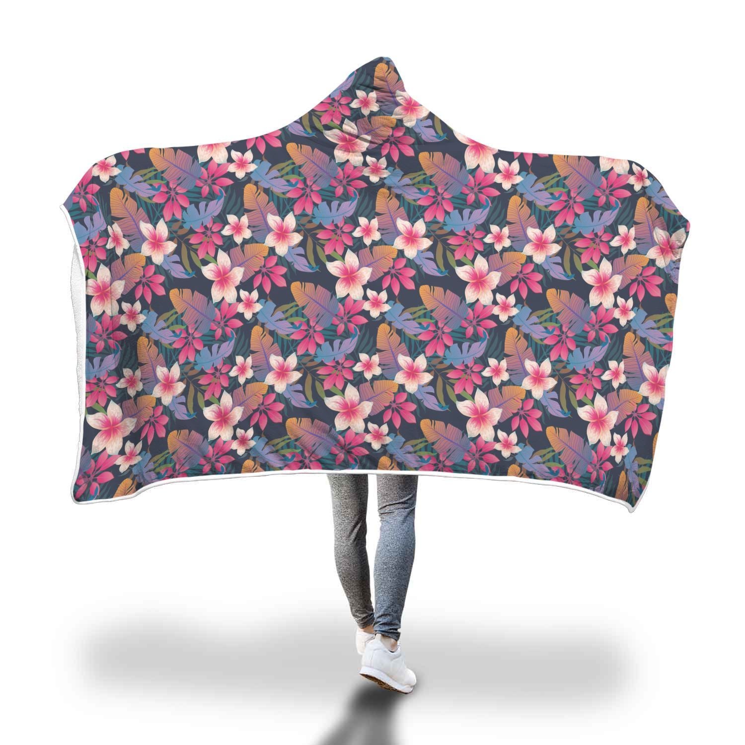 Hawaiian Floral Tropical Flower Hibiscus Palm Leaves Pattern Print Hooded Blanket-grizzshop
