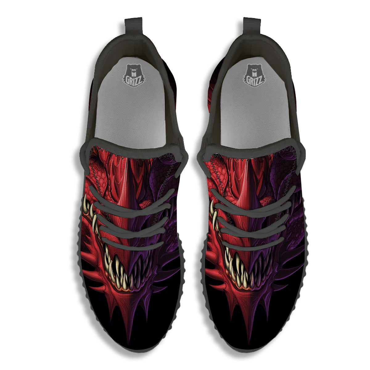 Head Red Dragon Print Black Walking Shoes-grizzshop