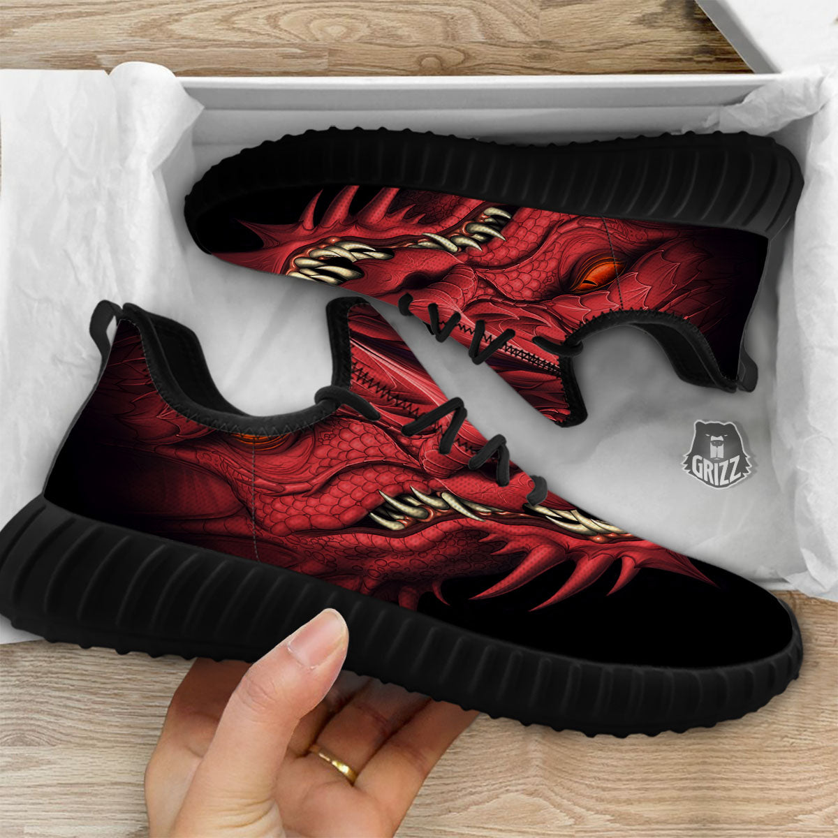 Head Red Dragon Print Black Walking Shoes-grizzshop