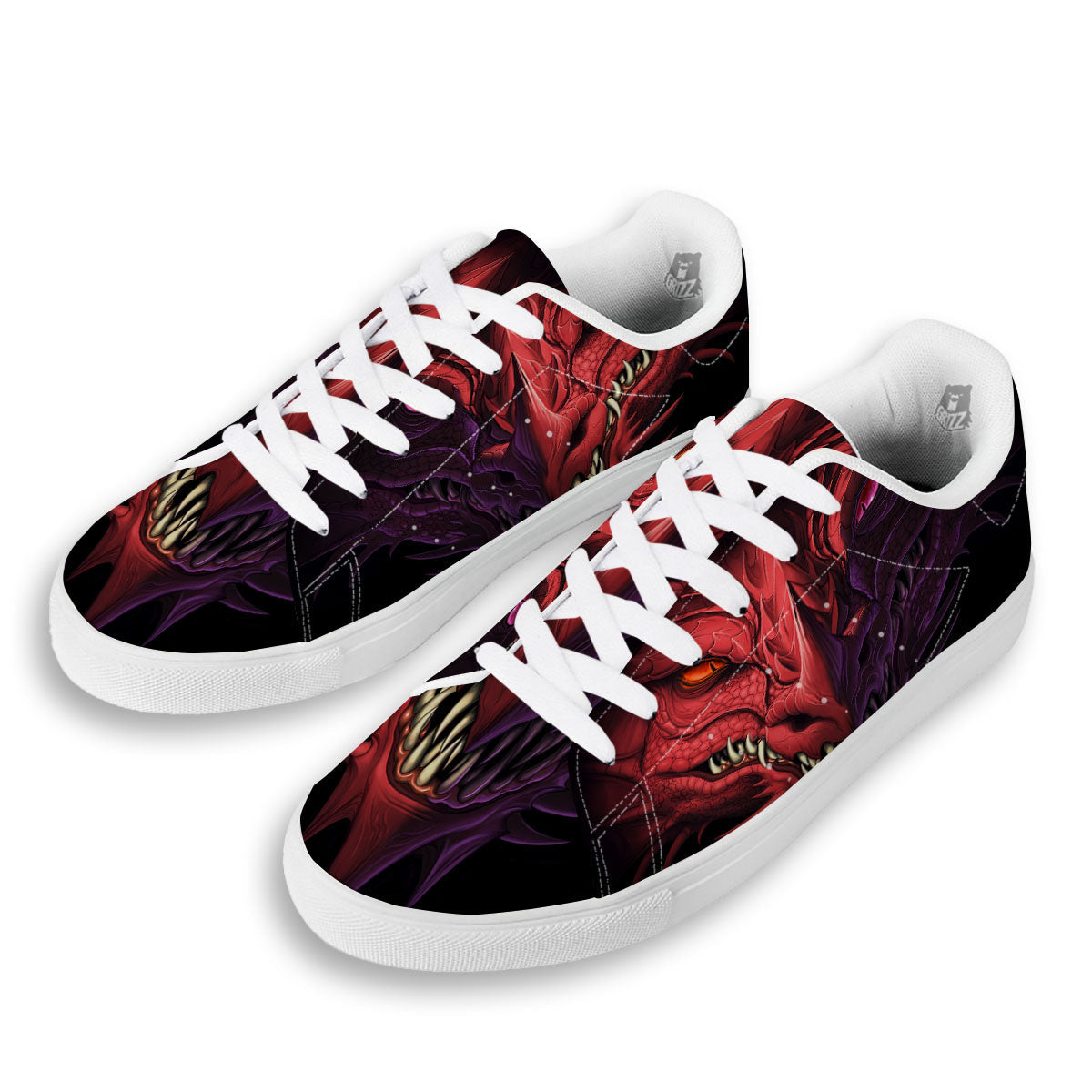 Head Red Dragon Print White Low Top Sneakers-grizzshop