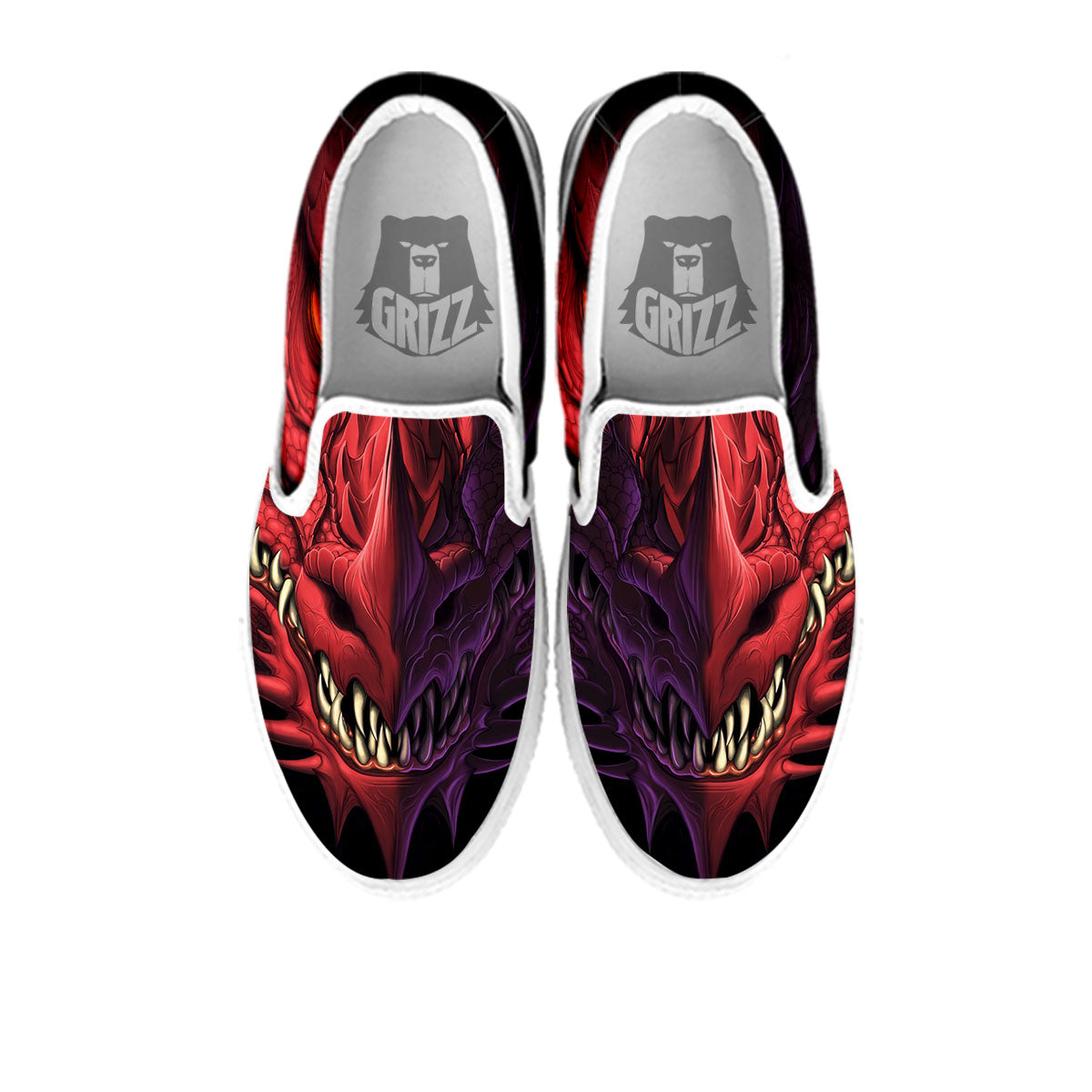 Head Red Dragon Print White Slip On Shoes-grizzshop