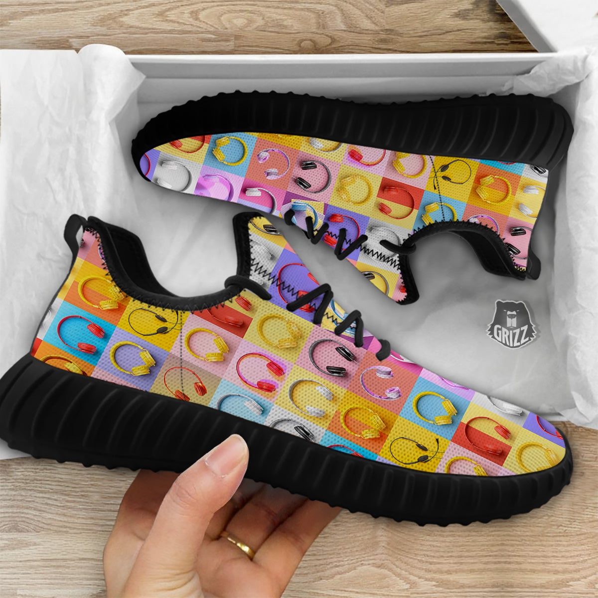 Headphones Pastel Print Pattern Black Walking Shoes-grizzshop