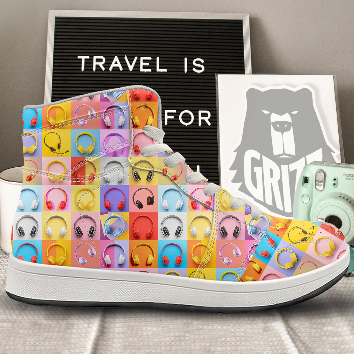 Headphones Pastel Print Pattern High Top Sneakers-grizzshop