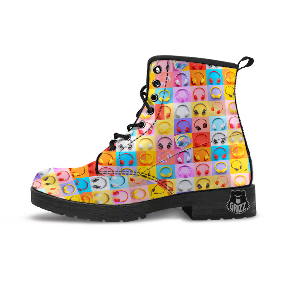 Headphones Pastel Print Pattern Leather Boots-grizzshop