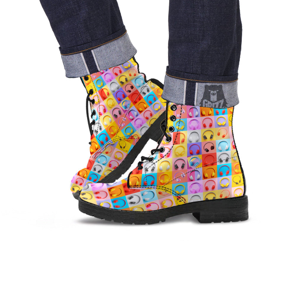 Headphones Pastel Print Pattern Leather Boots-grizzshop