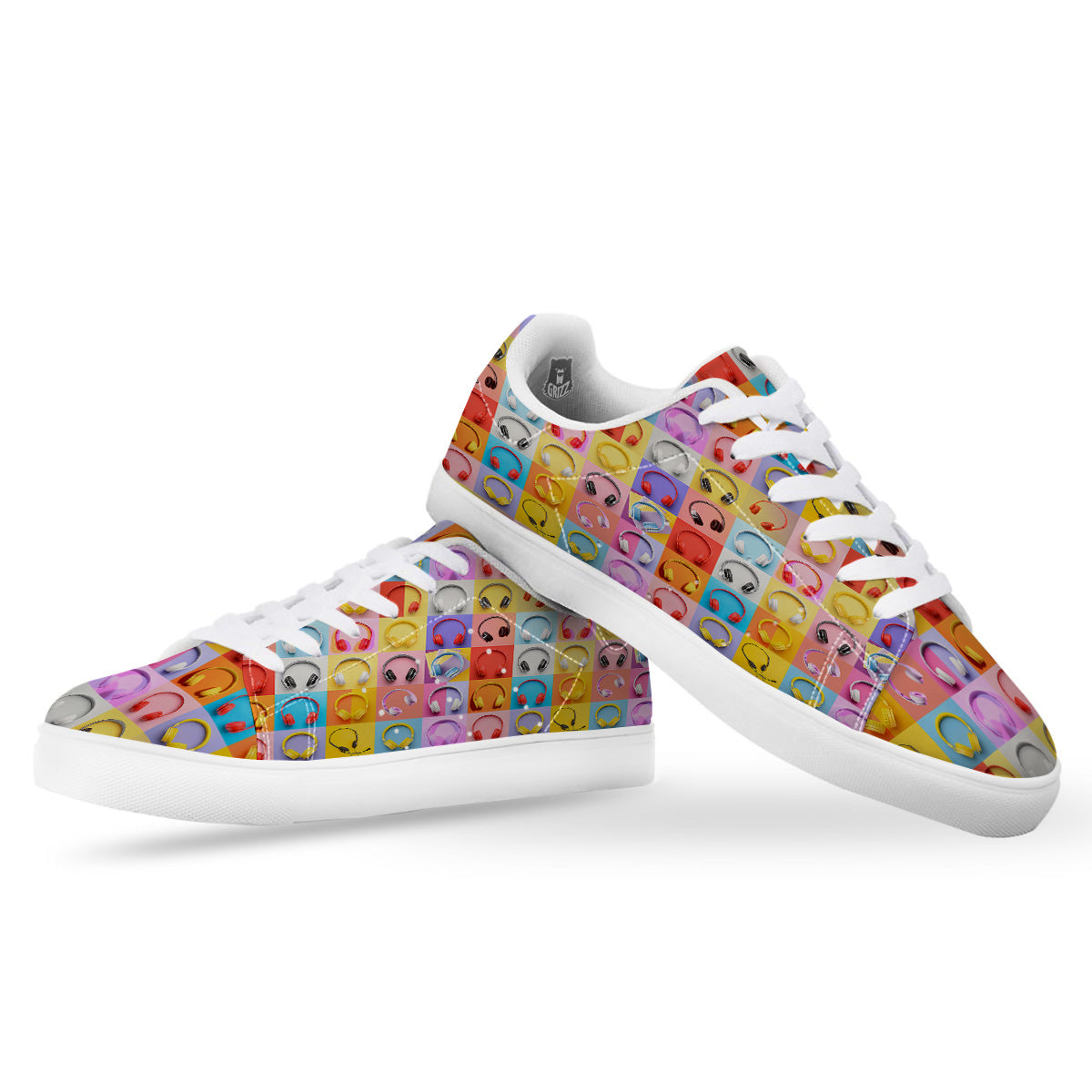 Headphones Pastel Print Pattern White Low Top Sneakers-grizzshop