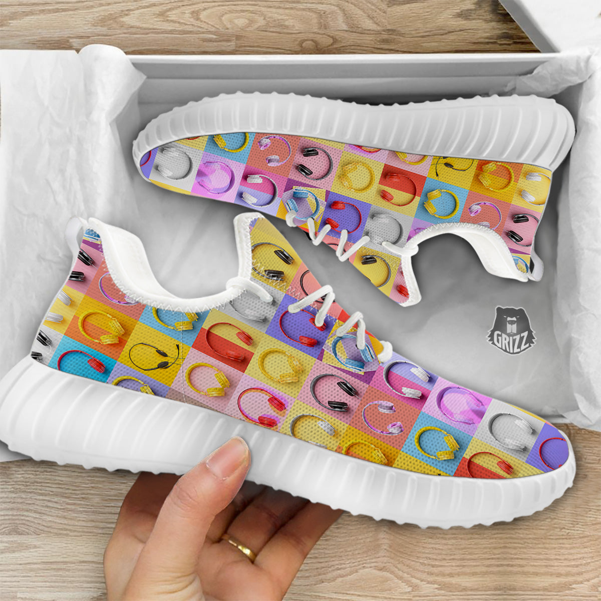 Headphones Pastel Print Pattern White Walking Shoes-grizzshop
