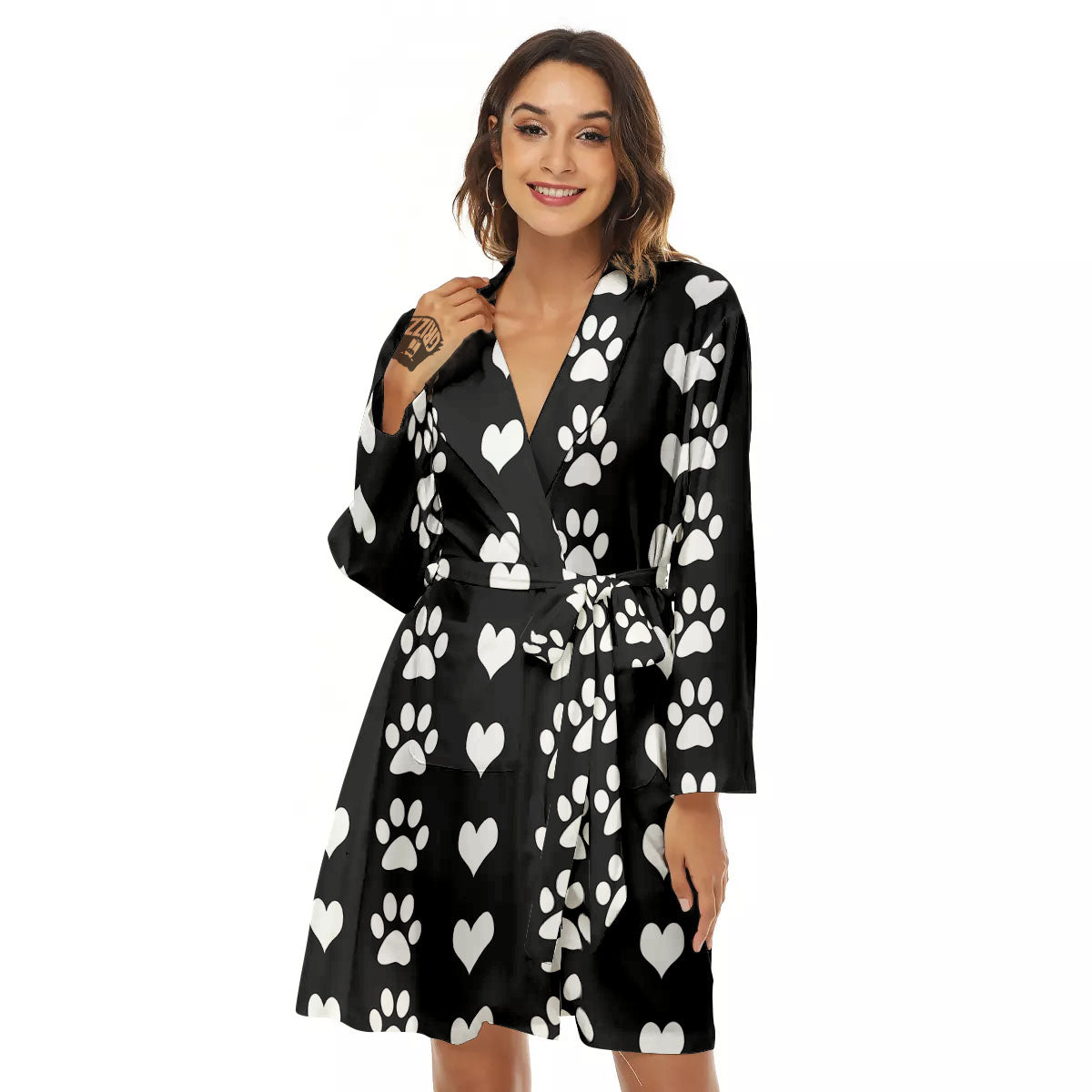 Heart And Black Paw Print Pattern Women's Robe-grizzshop
