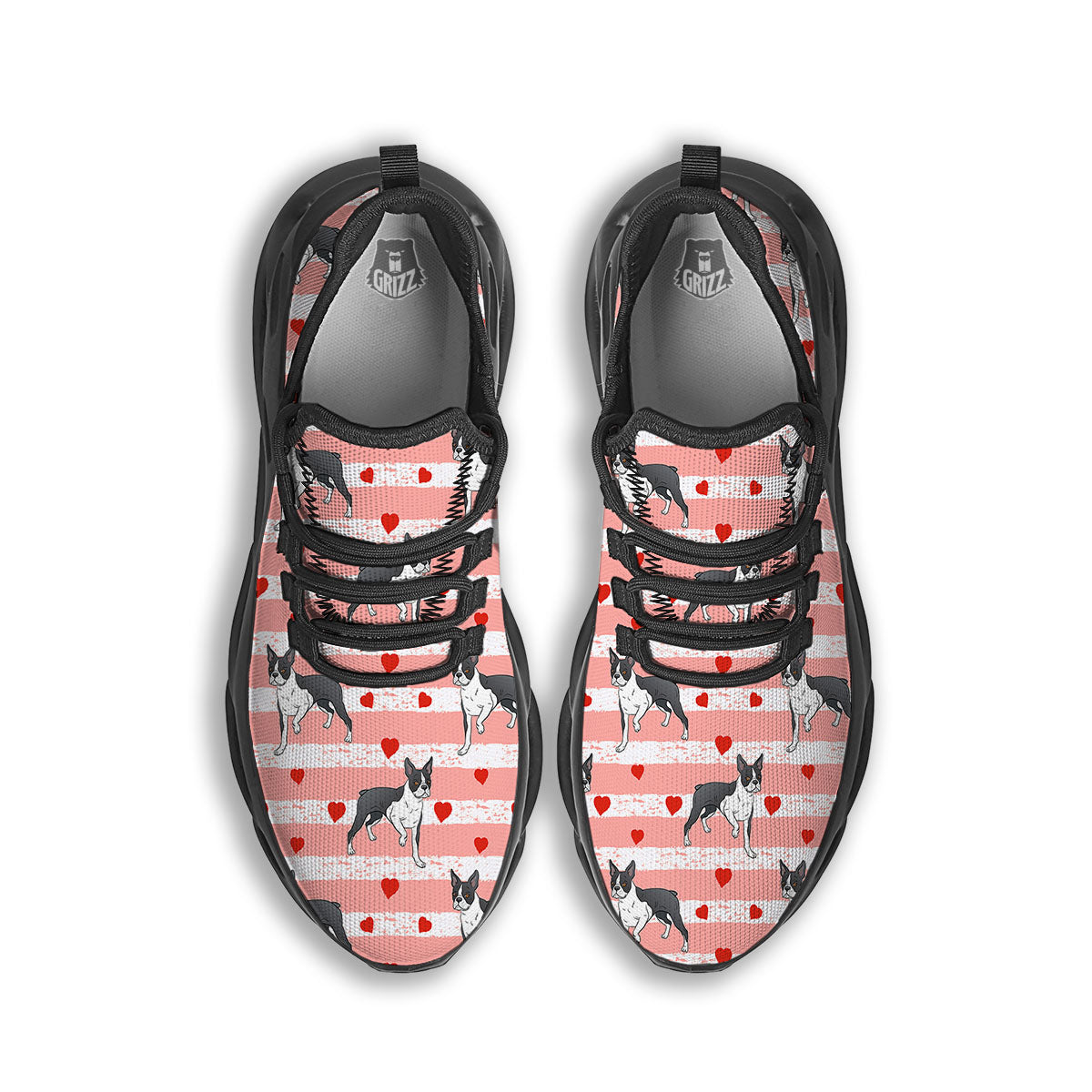Heart And Boston Terrier Print Pattern Black Running Shoes-grizzshop