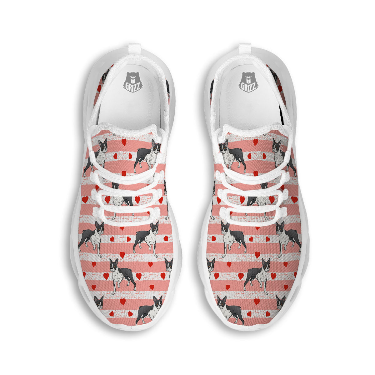 Heart And Boston Terrier Print Pattern White Running Shoes-grizzshop