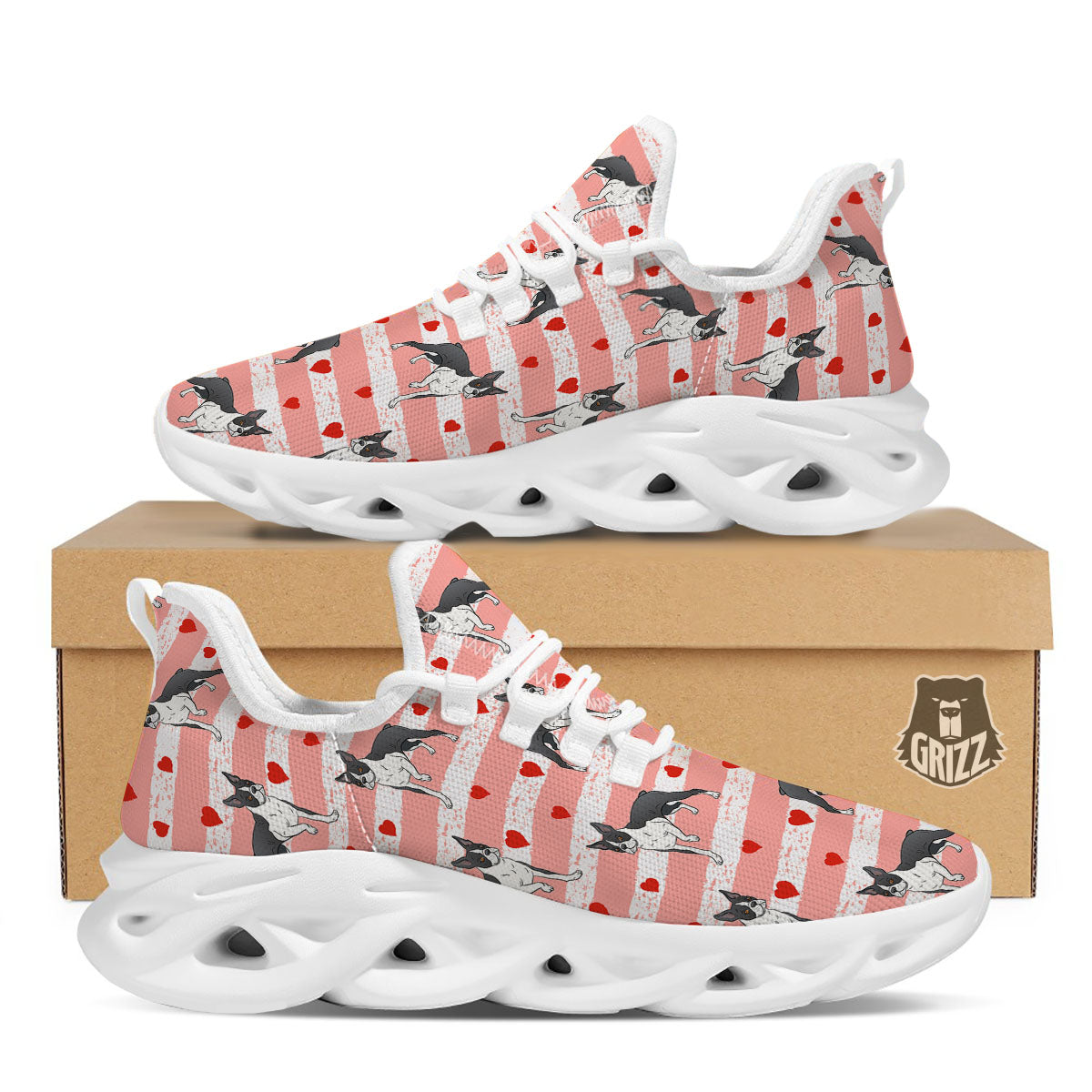 Heart And Boston Terrier Print Pattern White Running Shoes-grizzshop
