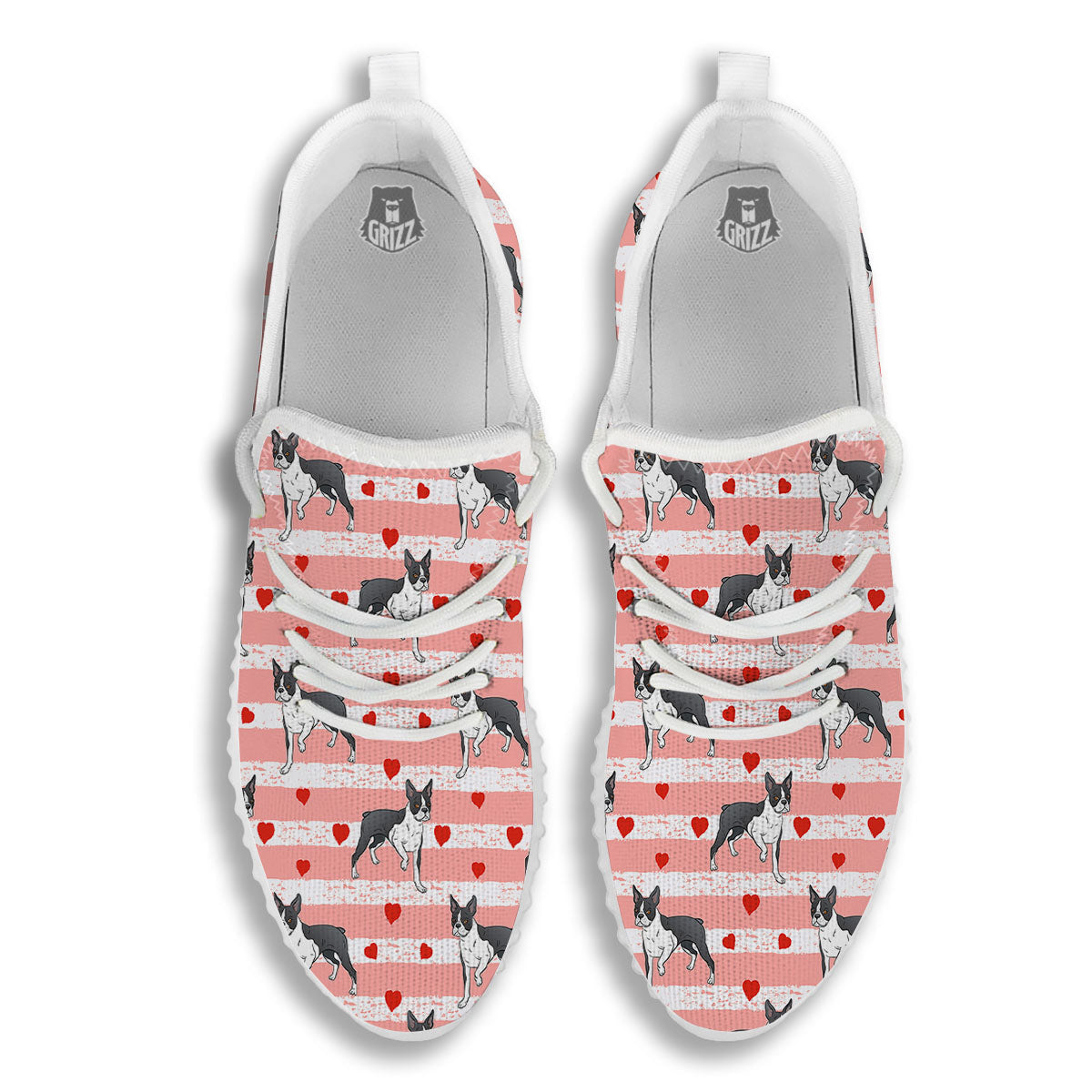 Heart And Boston Terrier Print Pattern White Walking Shoes-grizzshop