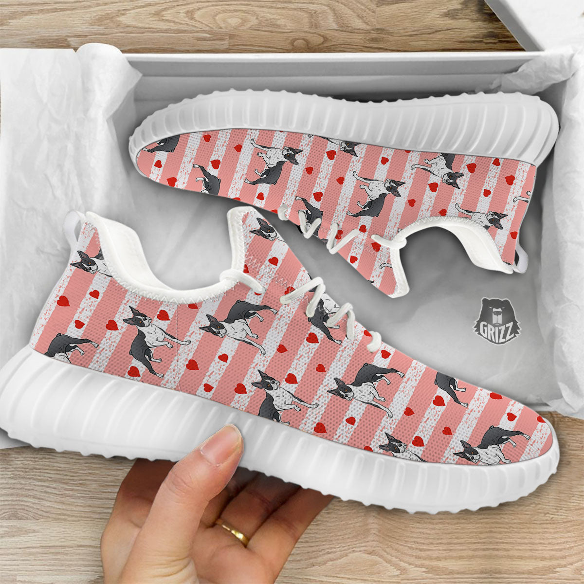 Heart And Boston Terrier Print Pattern White Walking Shoes-grizzshop
