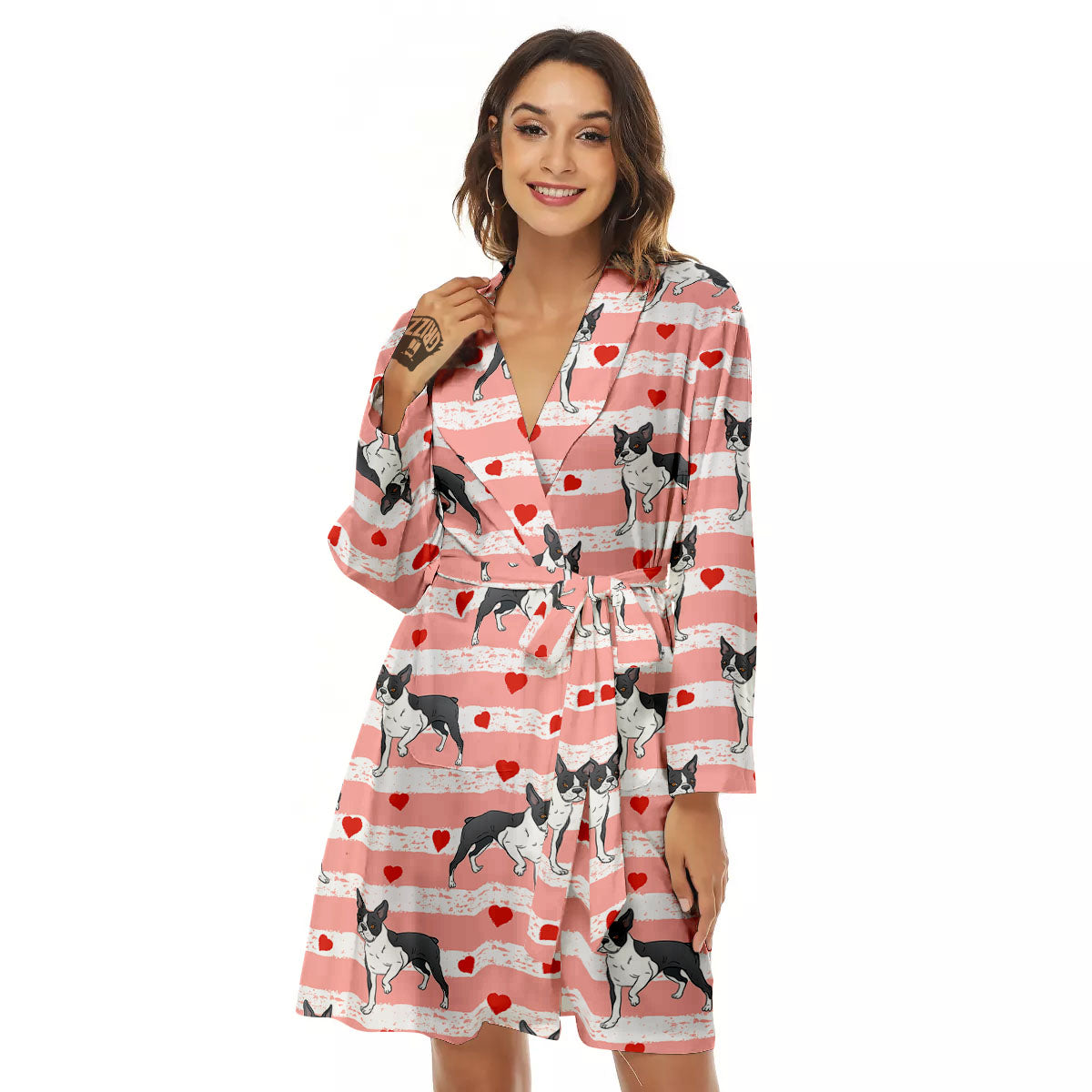 Heart And Boston Terrier Print Pattern Women's Robe-grizzshop