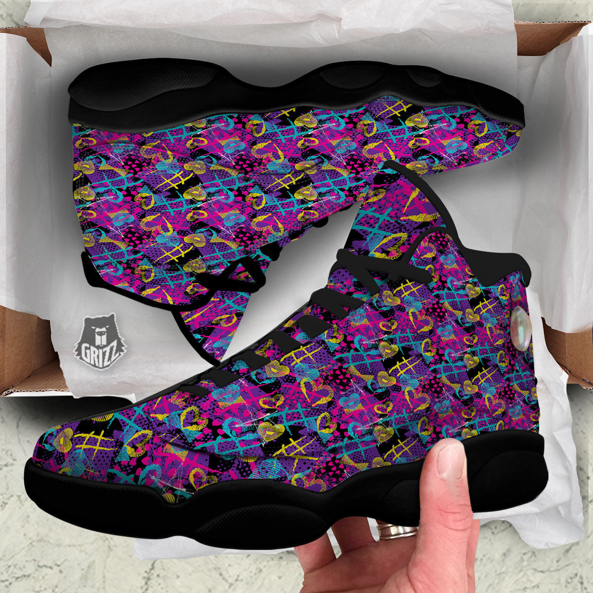 Heart Graffiti Print Pattern Black Basketball Shoes-grizzshop