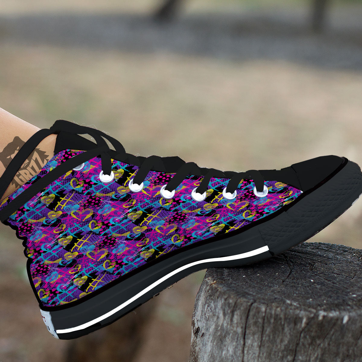 Heart Graffiti Print Pattern Black High Top Shoes-grizzshop