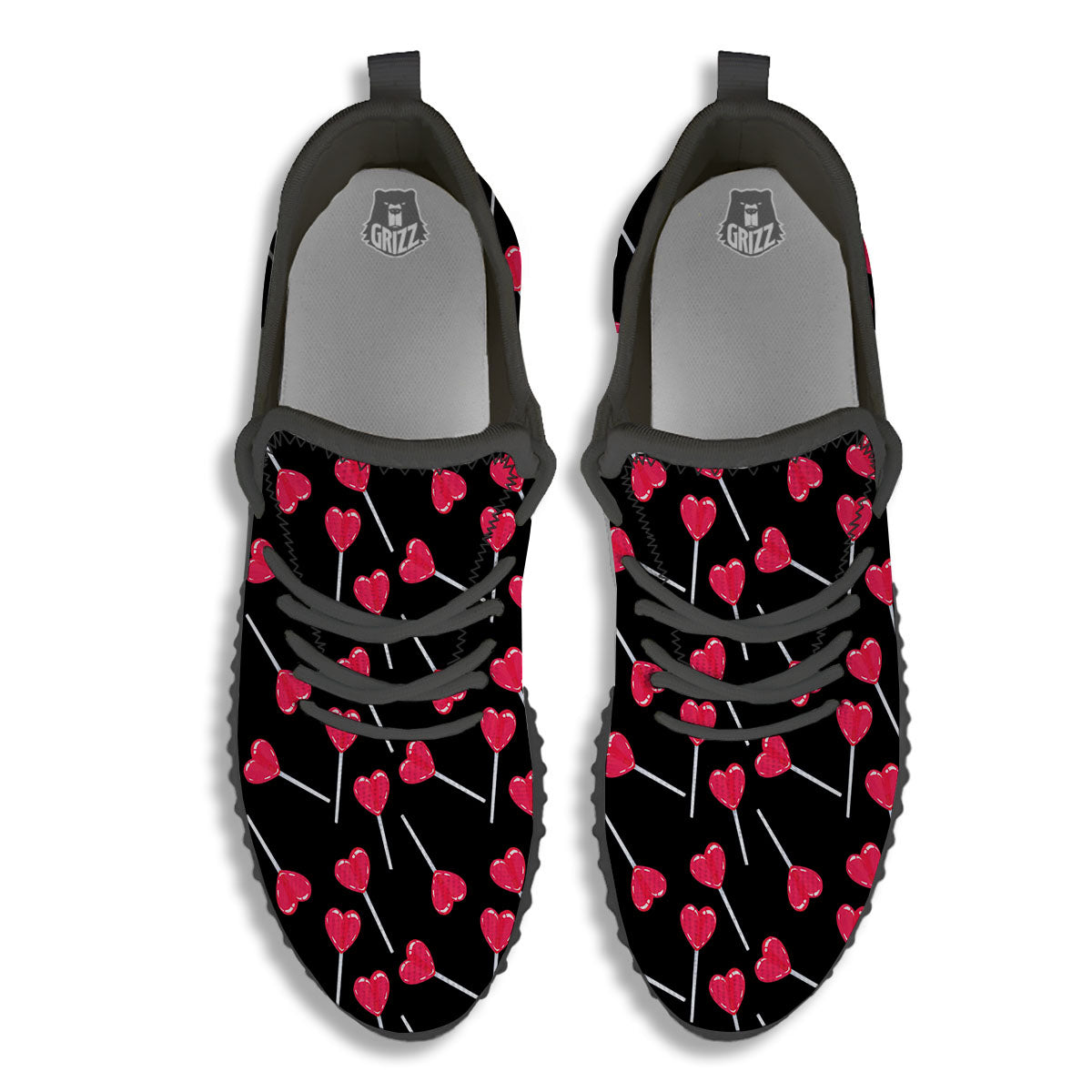 Heart Pink Lollipop Print Pattern Black Walking Shoes-grizzshop