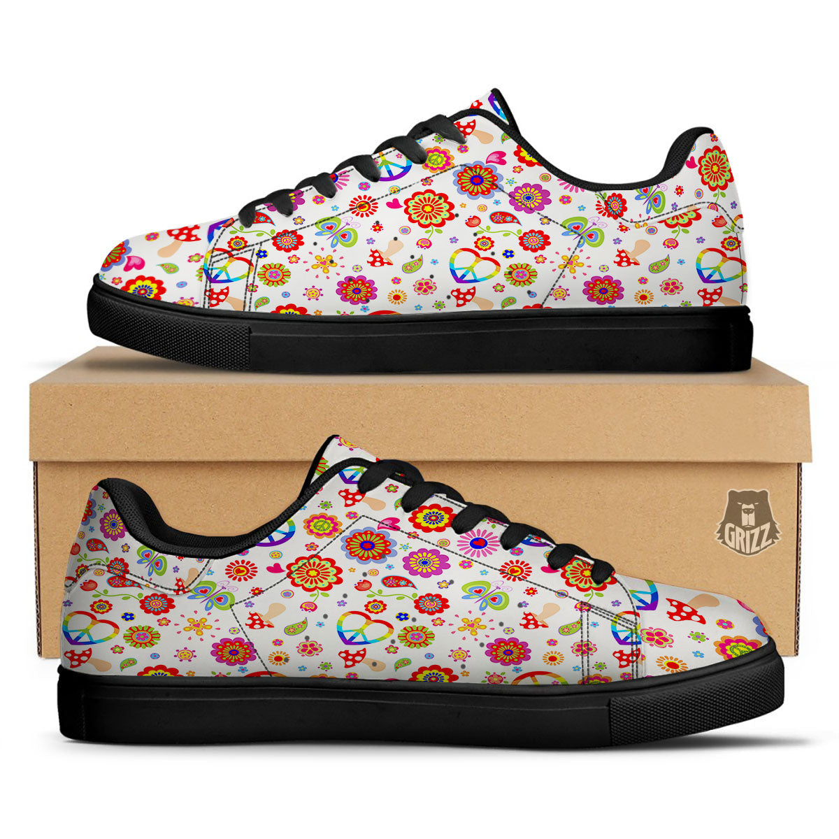 Heart Psychedelic Peace Sign Print Pattern Black Low Top Sneakers-grizzshop