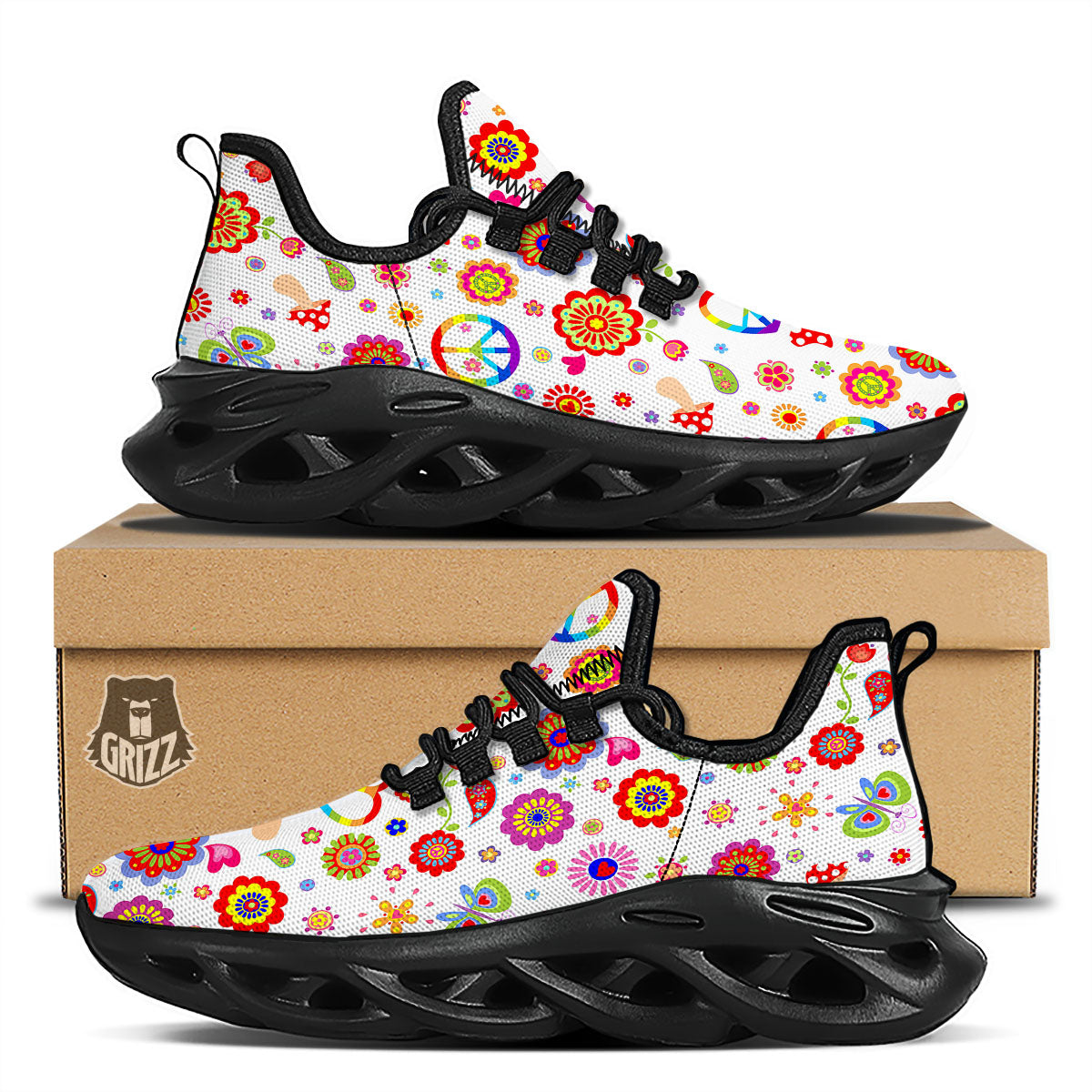 Heart Psychedelic Peace Sign Print Pattern Black Running Shoes-grizzshop
