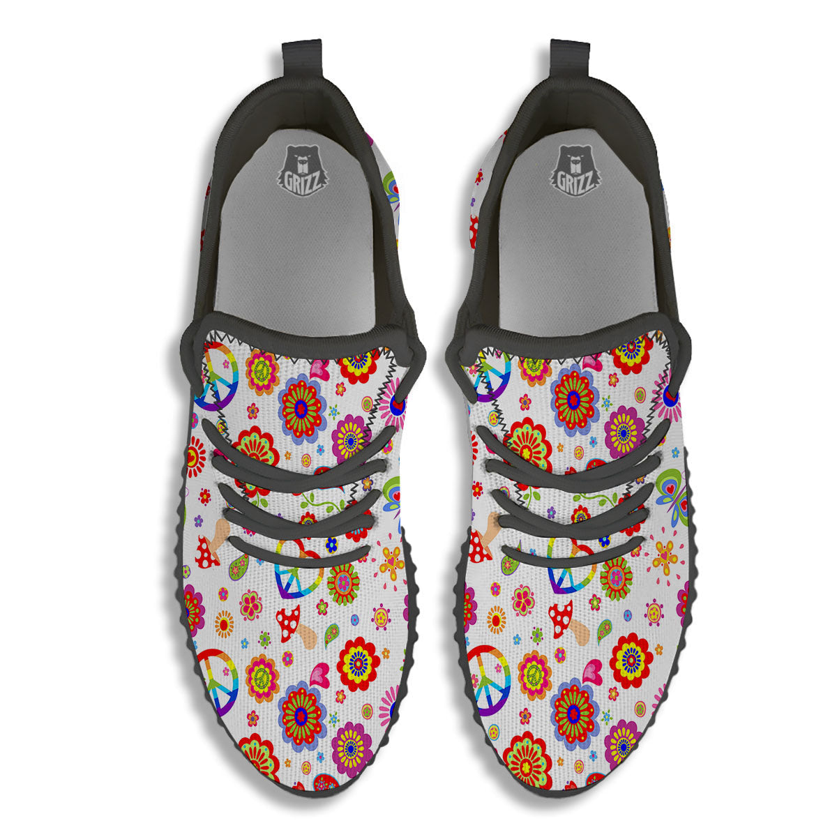 Heart Psychedelic Peace Sign Print Pattern Black Walking Shoes-grizzshop