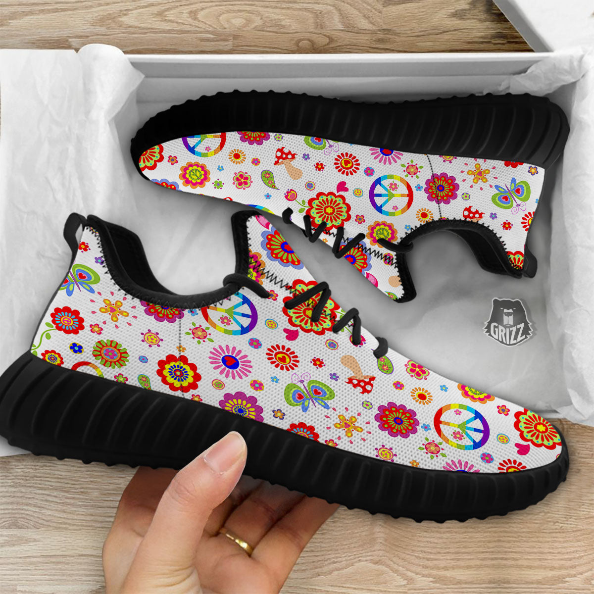 Heart Psychedelic Peace Sign Print Pattern Black Walking Shoes-grizzshop