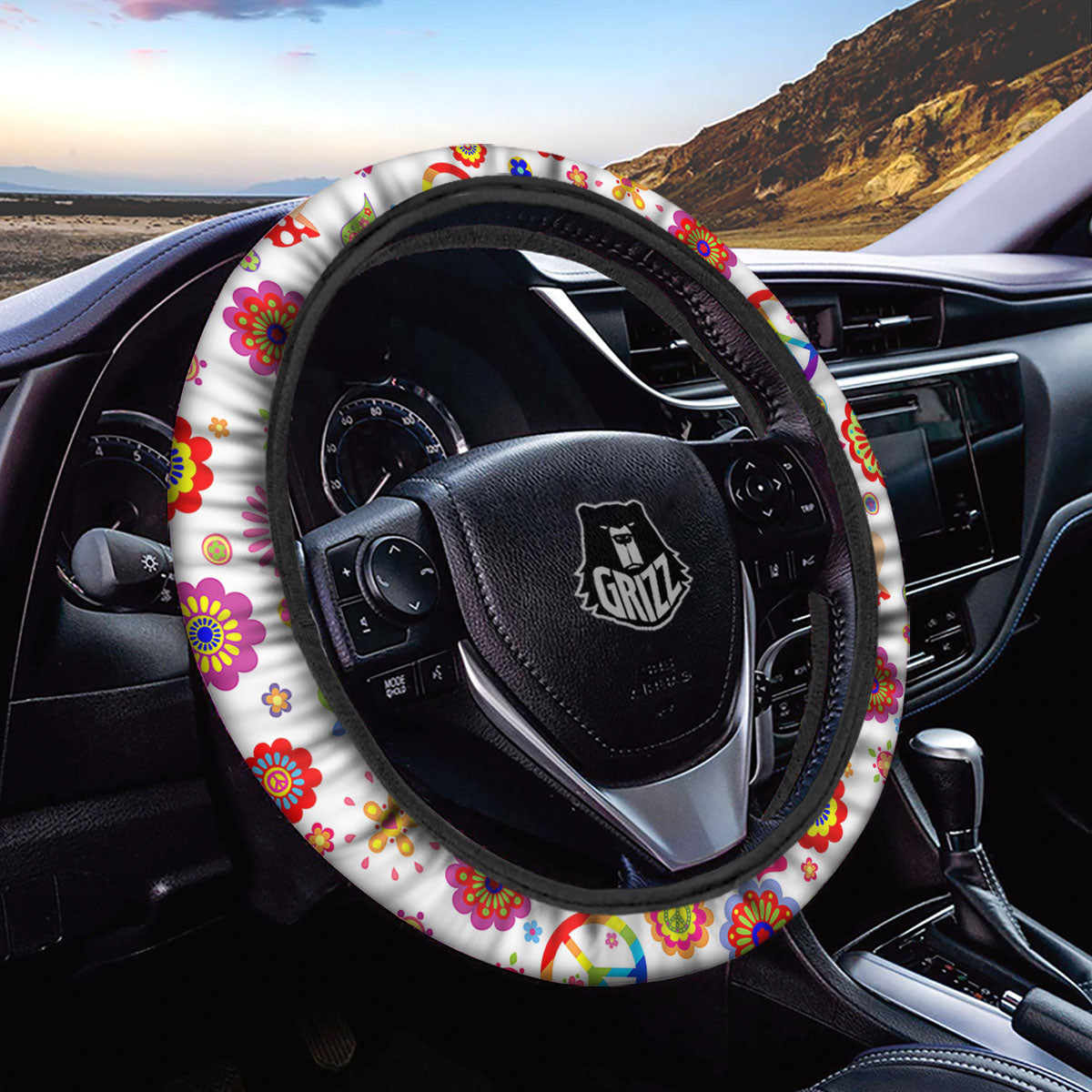Heart Psychedelic Peace Sign Print Pattern Car Steering Wheel Cover-grizzshop