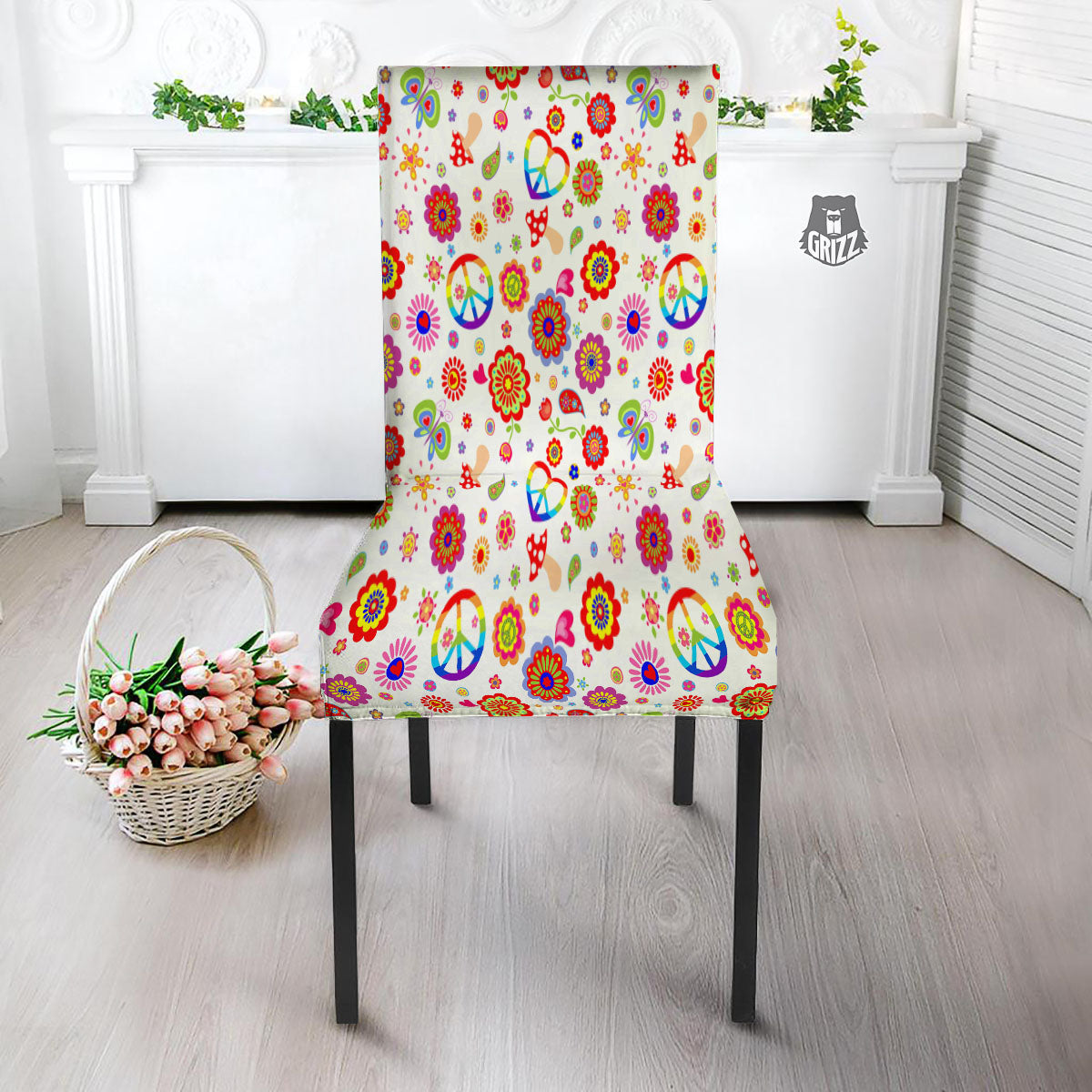 Heart Psychedelic Peace Sign Print Pattern Dining Chair Slipcover-grizzshop