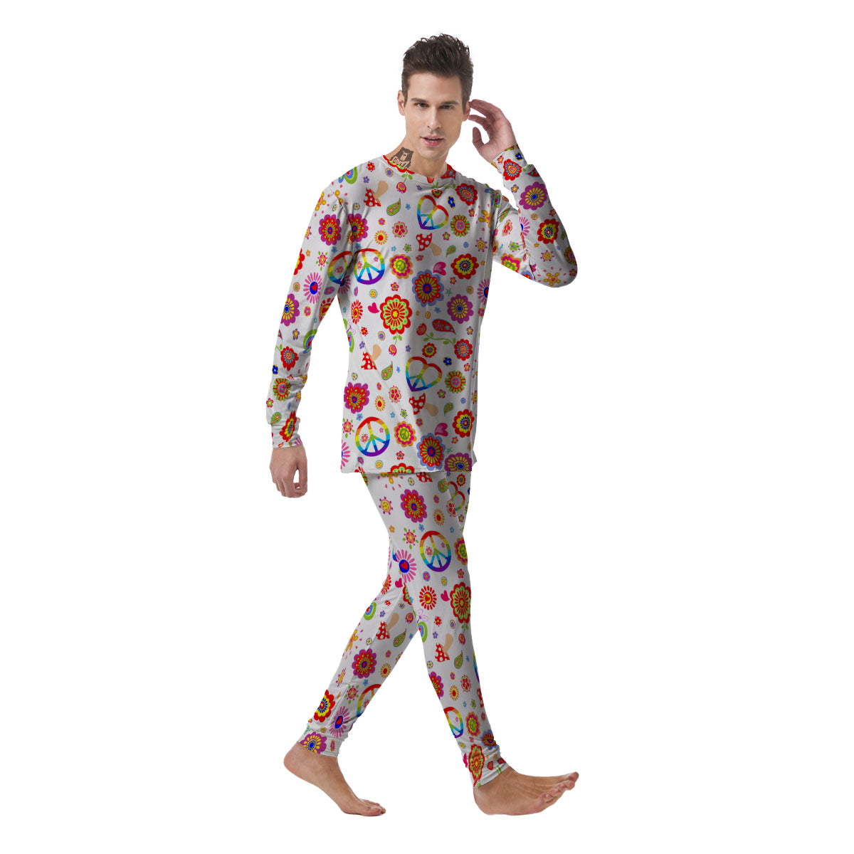 Heart Psychedelic Peace Sign Print Pattern Men's Pajamas-grizzshop