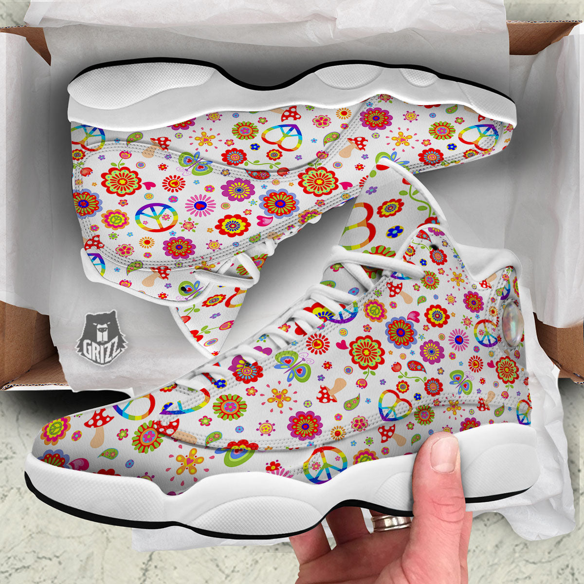 Heart Psychedelic Peace Sign Print Pattern White Basketball Shoes-grizzshop