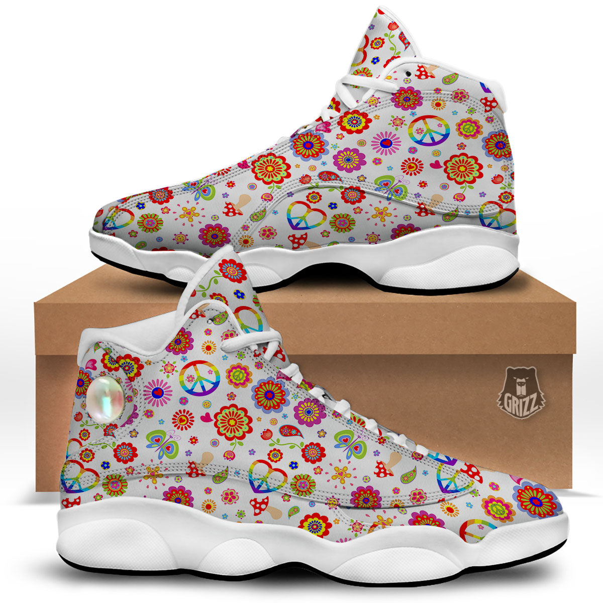 Heart Psychedelic Peace Sign Print Pattern White Basketball Shoes-grizzshop