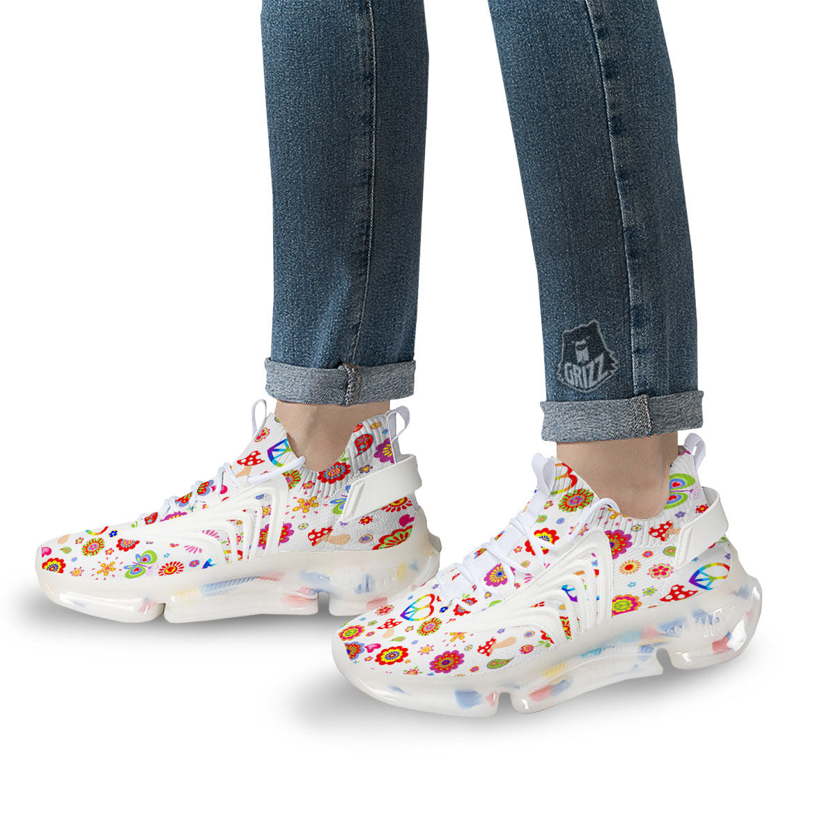 Heart Psychedelic Peace Sign Print Pattern White Gym Shoes-grizzshop
