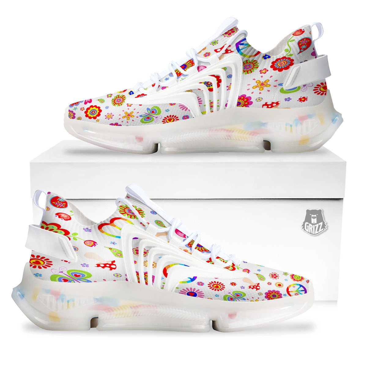 Heart Psychedelic Peace Sign Print Pattern White Gym Shoes-grizzshop