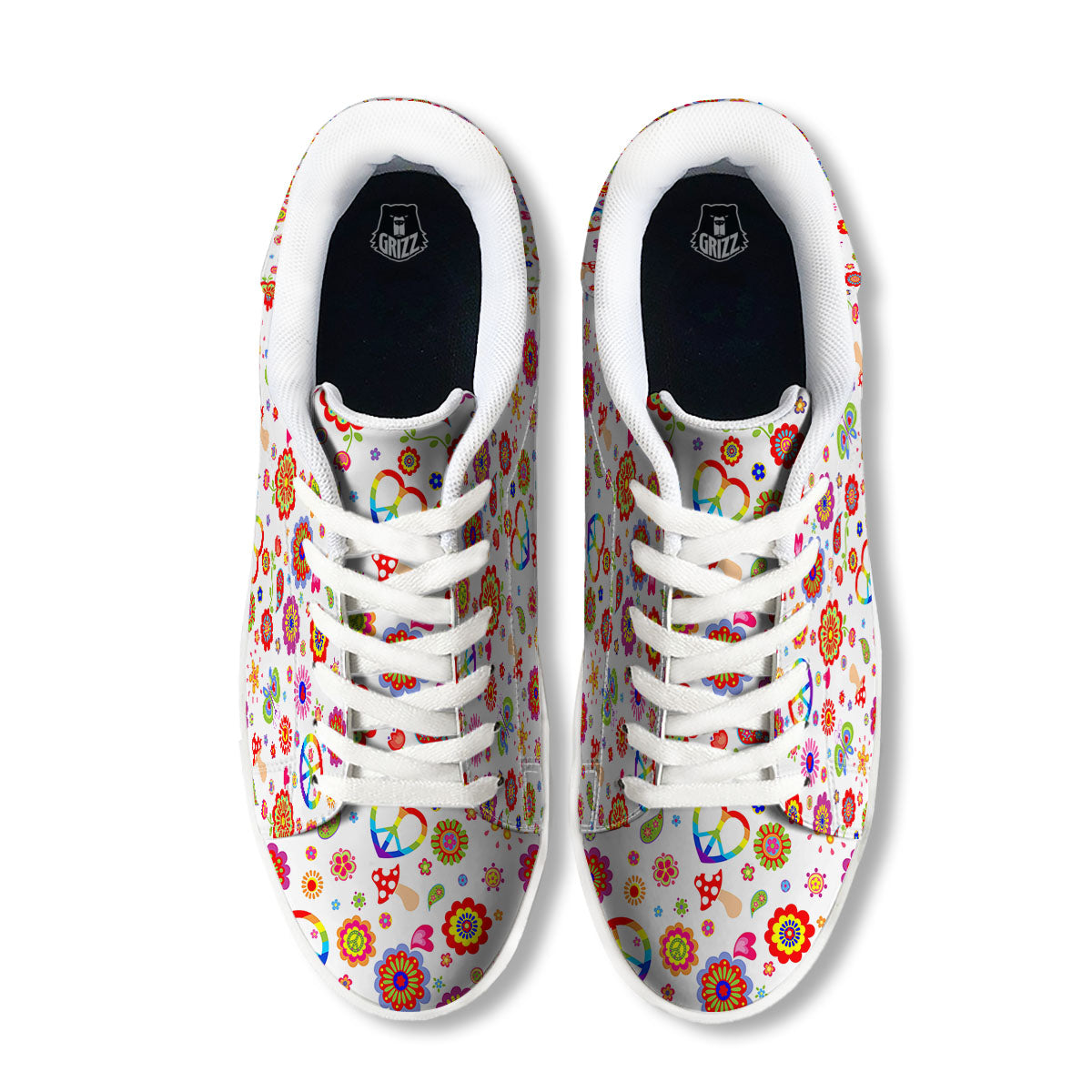Heart Psychedelic Peace Sign Print Pattern White Low Top Sneakers-grizzshop